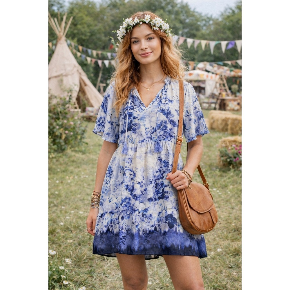 Johnny Was Tiered Ruffle Dress M Blue Floral Tassel Boho Cottage Feminine